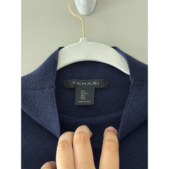 Tahari Striped Mock Neck Pullover Sweater Green Navy Blue Stylish Size Large - Picture 7 of 7